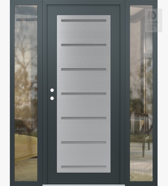 Modern Steel Front Door Diamond C11 60" x 80" anthracite/anthracite frosted Glass Panel stainless steel RHI with 2 Sidelites clear Glass