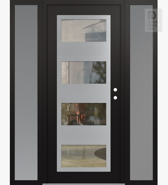 Modern Steel Front Door Diamond C2 64" x 80" black/black clear Glass Panel stainless steel LHI with 2 Sidelites frosted Glass