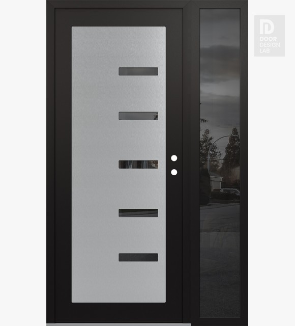 Modern Steel Front Door Diamond C8 50" x 80" black/black mirrored Glass Panel stainless steel LHI with Sidelite mirrored Glass