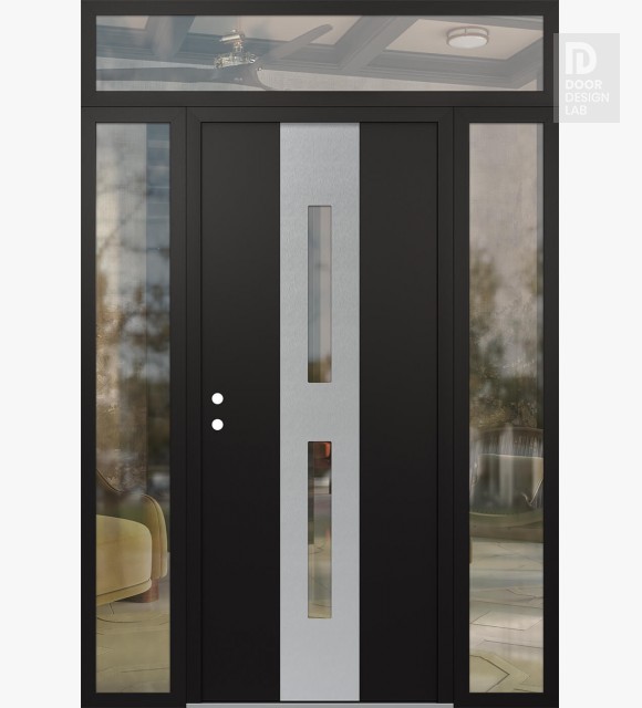 Modern Steel Front Door DIAMOND A6 68" X 96" BLACK/BLACK CLEAR GLASS PANEL STAINLESS STEEL RHI WITH 2 SIDELITES AND TRANSOM CLEAR GLASS