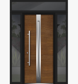 Front Exterior Prehung Steel Door / Deux 1744 Natural Oak / 2 Side and Top Exterior Black Window / Stainless Inserts Single Modern Painted-W16+36+16" x H80+16"-Right-hand Inswing