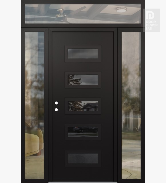 Modern Steel Front Door Diamond D1 60" x 96" black/black mirrored Glass Panel black RHI with 2 Sidelites and Transom clear Glass