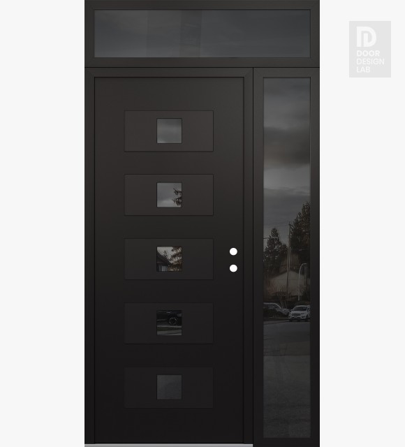 Modern Steel Front Door Diamond D8 48" x 96" black/black mirrored Glass Panel black LHI with Sidelite and Transom mirrored Glass