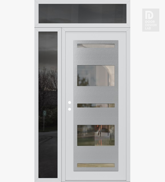 Modern Steel Front Door Diamond C10 52" x 96" white/white clear Glass Panel stainless steel RHI with Sidelite and Transom mirrored Glass