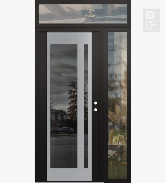 Modern Steel Front Door Diamond C15 48" x 96" black/black mirrored Glass Panel stainless steel LHI with Sidelite and Transom clear Glass
