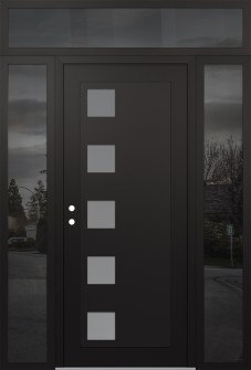 Diamond C5 60" x 96" black/white frosted Glass Panel black RHI with 2 Sidelites and Transom mirrored Glass