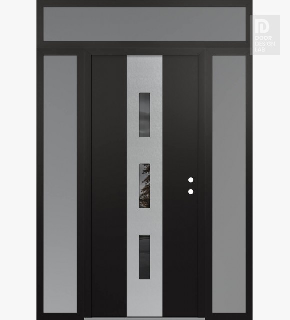 Modern Steel Front Door DIAMOND A7 64" X 96" BLACK/BLACK MIRRORED GLASS PANEL STAINLESS STEEL LHI WITH 2 SIDELITES AND TRANSOM FROSTED GLASS