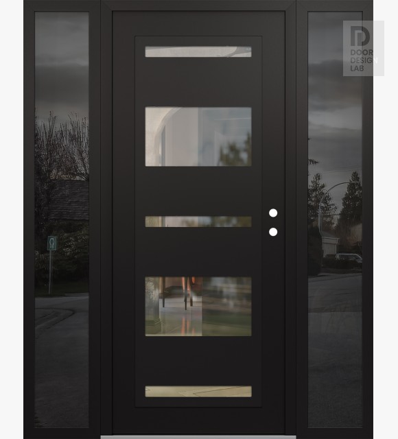 Modern Steel Front Door Diamond C10 64" x 80" black/black clear Glass Panel black LHI with 2 Sidelites mirrored Glass