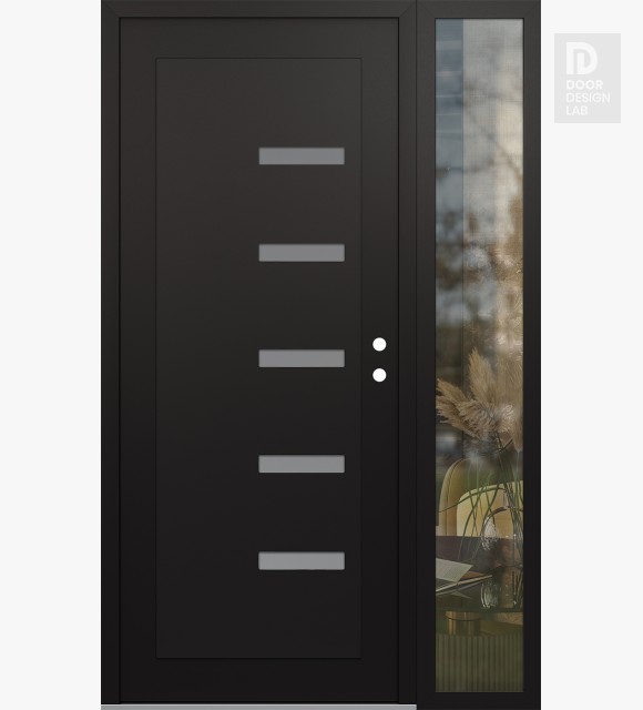 Modern Steel Front Door Diamond C8 52" x 80" black/white frosted Glass Panel black LHI with Sidelite clear Glass