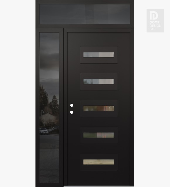 Modern Steel Front Door Diamond D4 48" x 96" black/black clear Glass Panel black RHI with Sidelite and Transom mirrored Glass