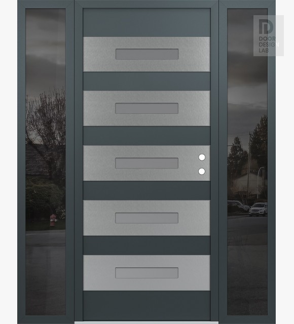 Modern Steel Front Door Diamond D9 68" x 80" anthracite/anthracite frosted Glass Panel stainless steel LHI with 2 Sidelites mirrored Glass