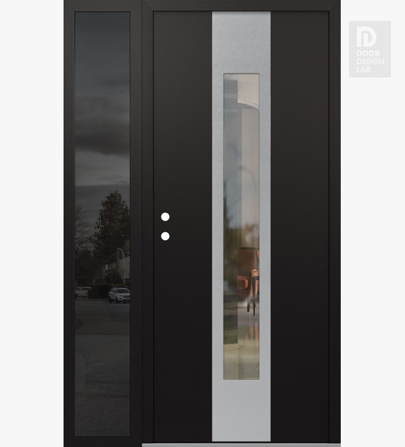 Modern Steel Front Door DIAMOND A1 50" X 80" BLACK/BLACK CLEAR GLASS PANEL STAINLESS STEEL RHI WITH SIDELITE MIRRORED GLASS