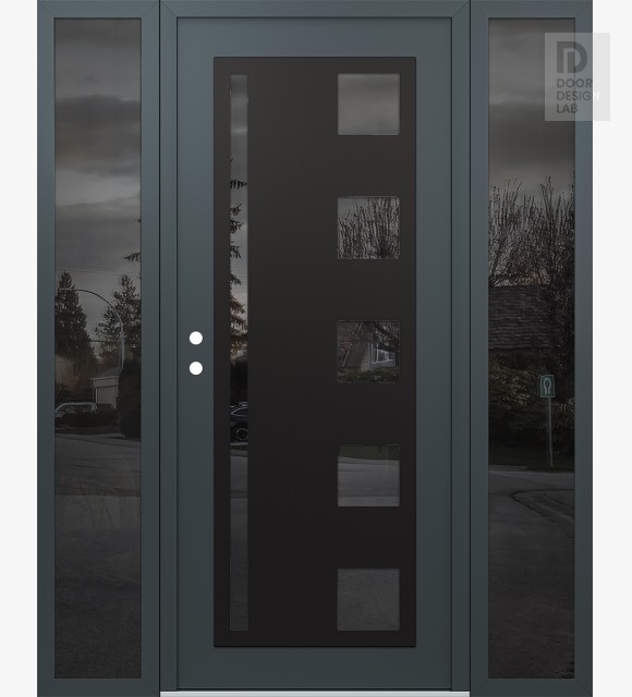 Modern Steel Front Door Diamond C3 68" x 80" anthracite/anthracite mirrored Glass Panel black RHI with 2 Sidelites mirrored Glass