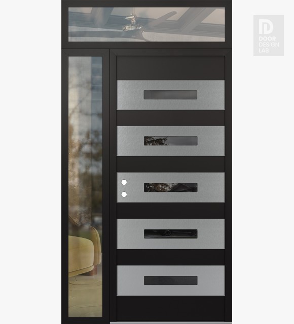 Modern Steel Front Door Diamond D9 48" x 96" black/black mirrored Glass Panel stainless steel RHI with Sidelite and Transom clear Glass