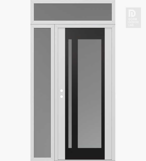 Modern Steel Front Door Diamond C15 50" x 96" white/white frosted Glass Panel black RHI with Sidelite and Transom frosted Glass