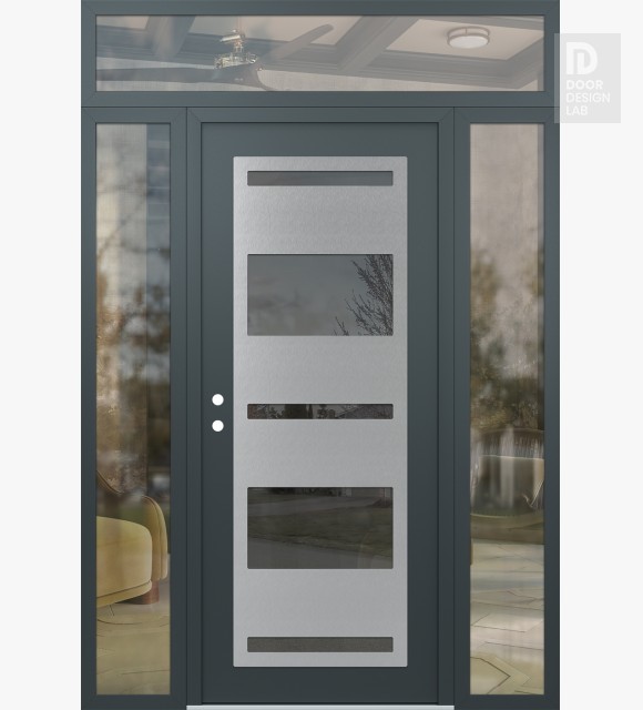 Modern Steel Front Door Diamond C10 64" x 96" anthracite/anthracite mirrored Glass Panel stainless steel RHI with 2 Sidelites and Transom clear Glass
