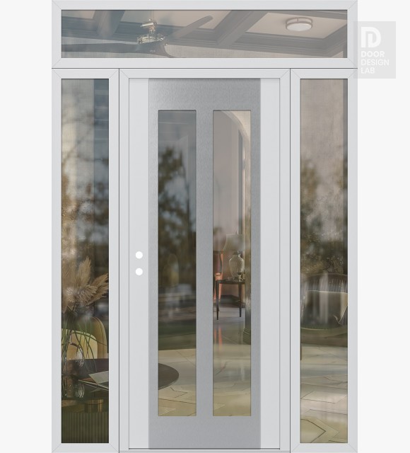 Modern Steel Front Door Diamond C14 64" x 96" white/white clear Glass Panel stainless steel RHI with 2 Sidelites and Transom clear Glass