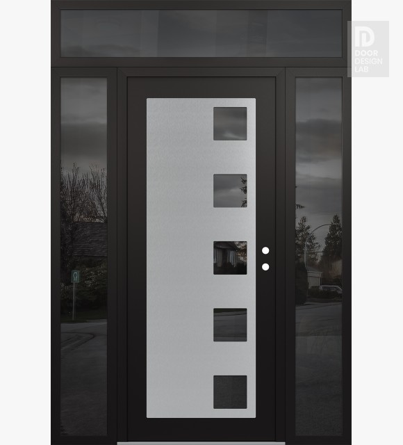 Modern Steel Front Door Diamond C5 60" x 96" black/black mirrored Glass Panel stainless steel LHI with 2 Sidelites and Transom mirrored Glass
