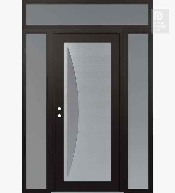 Modern Steel Front Door Diamond C13 68" x 96" black/white frosted Glass Panel stainless steel RHI with 2 Sidelites and Transom frosted Glass
