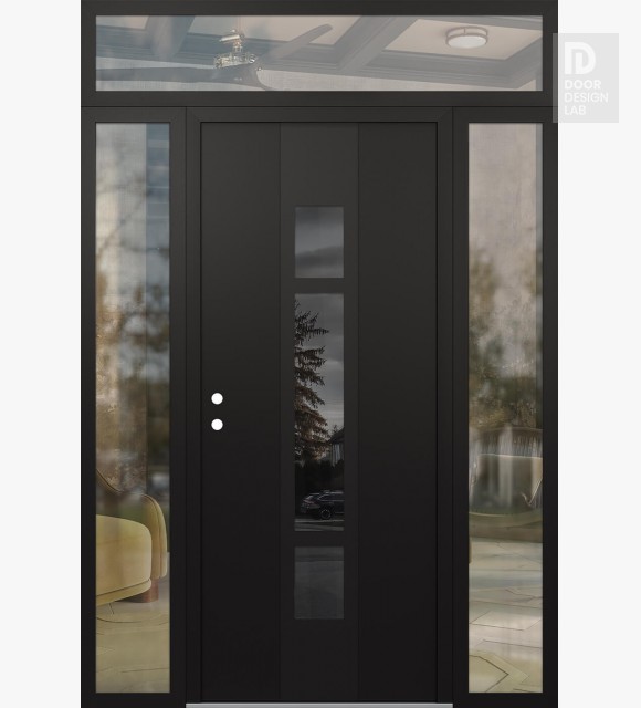 Modern Steel Front Door DIAMOND A9 64" X 96" BLACK/BLACK MIRRORED GLASS PANEL BLACK RHI WITH 2 SIDELITES AND TRANSOM CLEAR GLASS