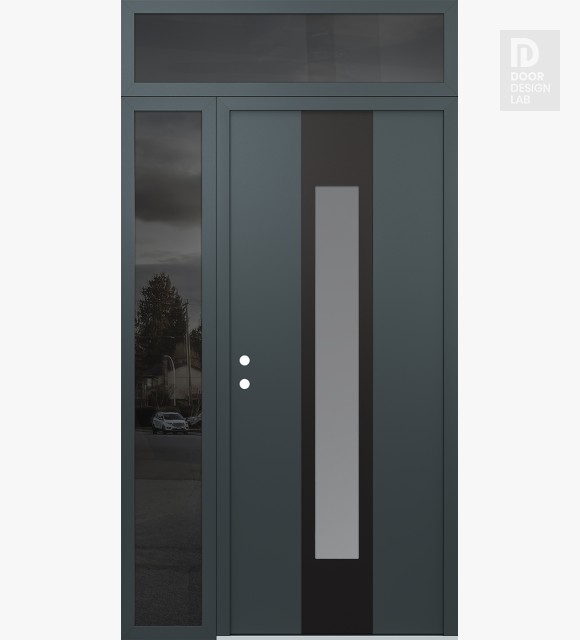 Modern Steel Front Door DIAMOND A1 50" X 96" ANTHRACITE/ANTHRACITE FROSTED GLASS PANEL BLACK RHI WITH SIDELITE AND TRANSOM MIRRORED GLASS