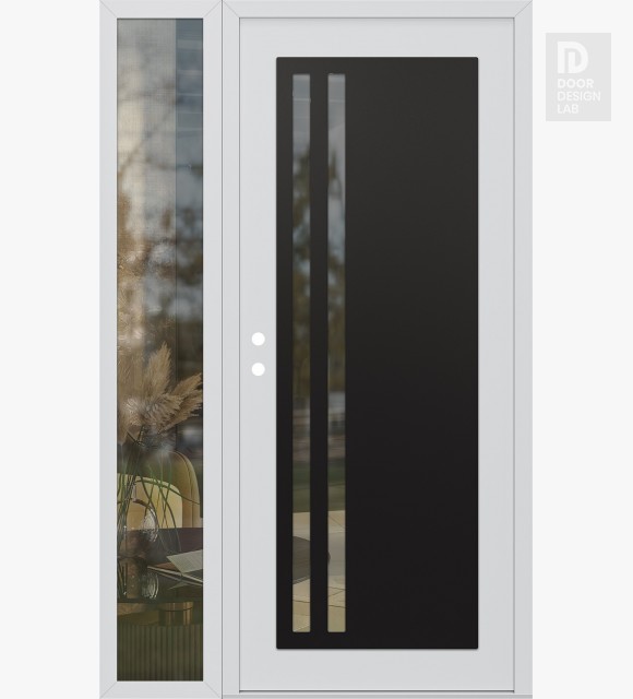 Modern Steel Front Door Diamond C6 50" x 80" white/white clear Glass Panel black RHI with Sidelite clear Glass