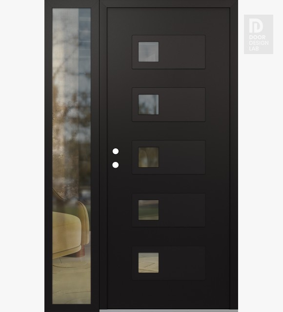 Modern Steel Front Door Diamond D2 52" x 80" black/black clear Glass Panel black RHI with Sidelite clear Glass