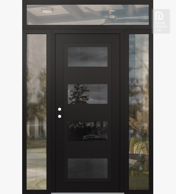 Modern Steel Front Door Diamond C2 68" x 96" black/black mirrored Glass Panel black RHI with 2 Sidelites and Transom clear Glass