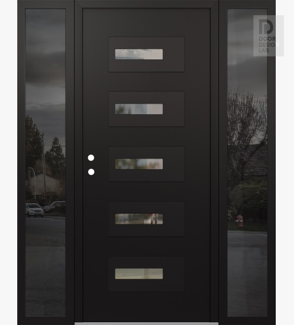 Modern Steel Front Door Diamond D6 60" x 80" black/black clear Glass Panel black RHI with 2 Sidelites mirrored Glass