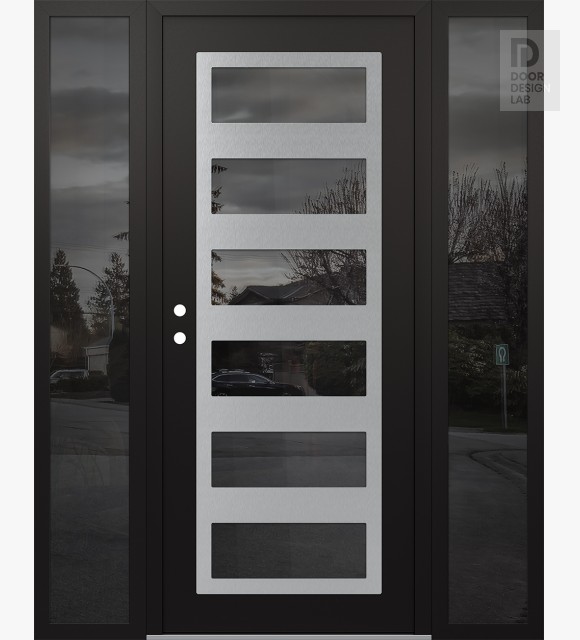 Modern Steel Front Door Diamond C9 60" x 80" black/black mirrored Glass Panel stainless steel RHI with 2 Sidelites mirrored Glass