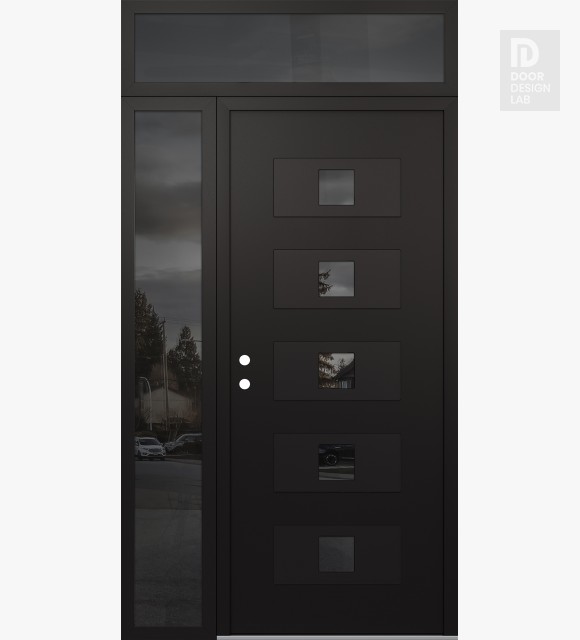 Modern Steel Front Door Diamond D8 48" x 96" black/black mirrored Glass Panel black RHI with Sidelite and Transom mirrored Glass
