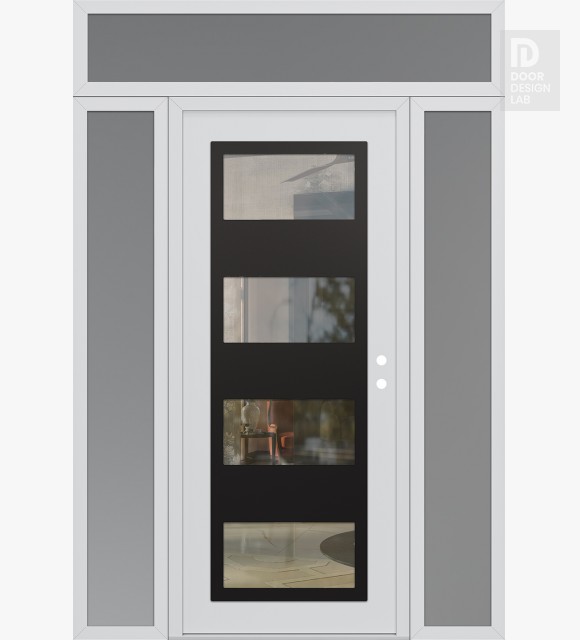Modern Steel Front Door Diamond C2 68" x 96" white/white clear Glass Panel black LHI with 2 Sidelites and Transom frosted Glass