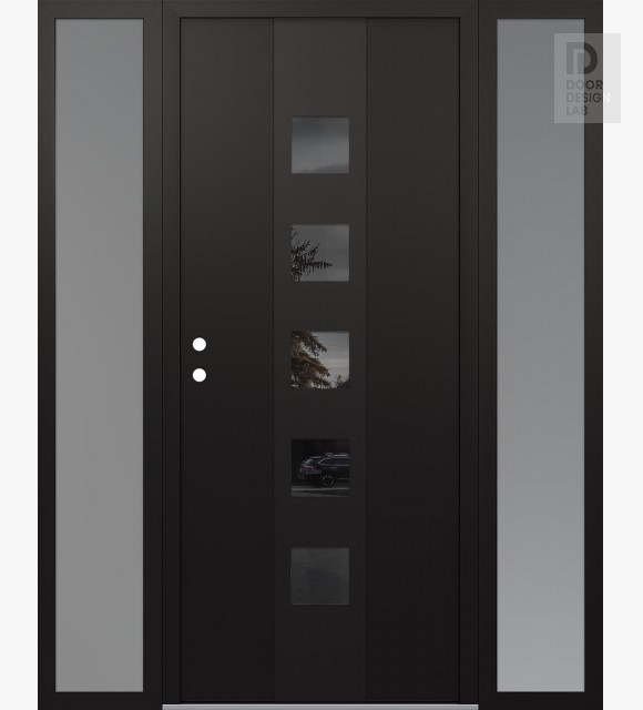 Modern Steel Front Door DIAMOND A13 68" X 80" BLACK/BLACK MIRRORED GLASS PANEL BLACK RHI WITH 2 SIDELITES FROSTED GLASS