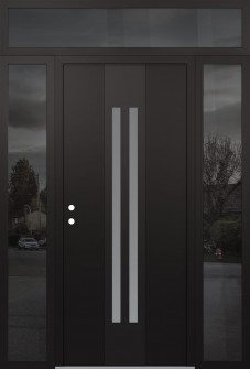 DIAMOND A8 68" X 96" BLACK/WHITE FROSTED GLASS PANEL BLACK RHI WITH 2 SIDELITES AND TRANSOM MIRRORED GLASS