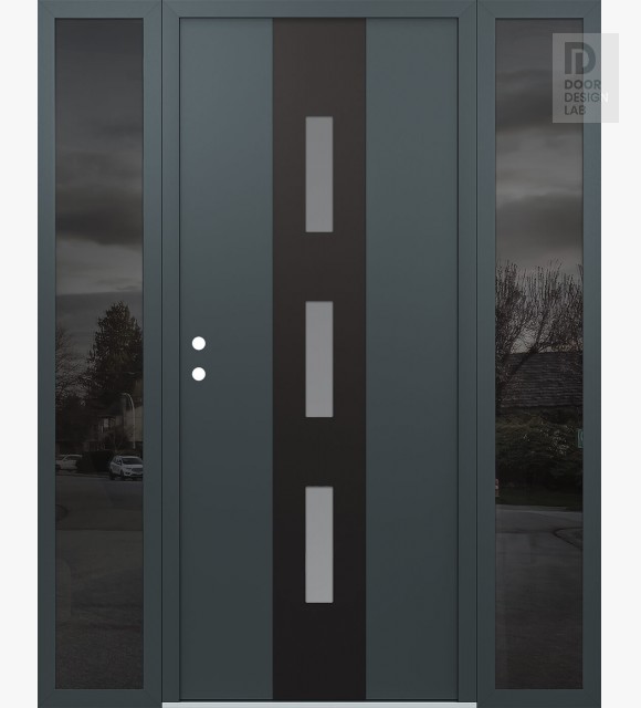 Modern Steel Front Door DIAMOND A7 64" X 80" ANTHRACITE/ANTHRACITE FROSTED GLASS PANEL BLACK RHI WITH 2 SIDELITES MIRRORED GLASS