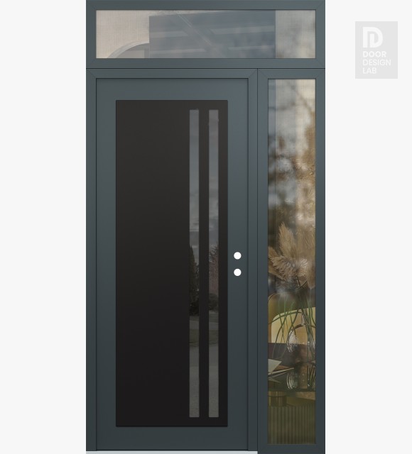 Modern Steel Front Door Diamond C6 48" x 96" anthracite/anthracite mirrored Glass Panel black LHI with Sidelite and Transom clear Glass