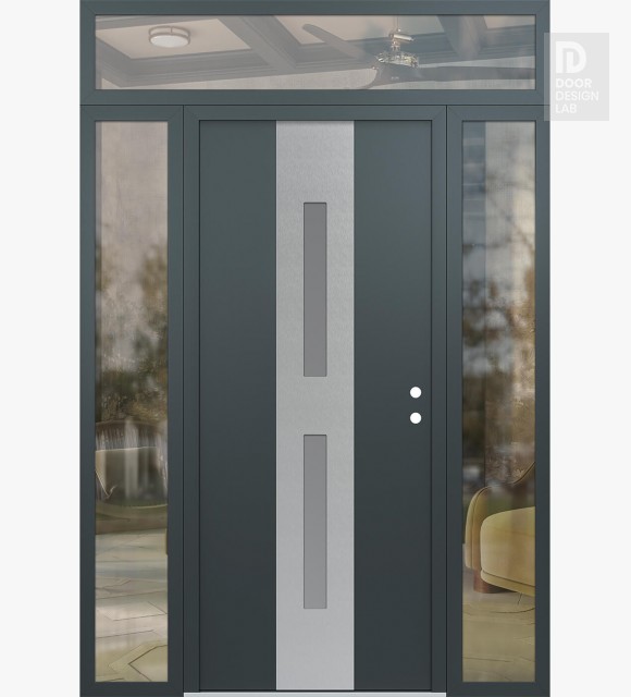 Modern Steel Front Door DIAMOND A6 64" X 96" ANTHRACITE/ANTHRACITE FROSTED GLASS PANEL STAINLESS STEEL LHI WITH 2 SIDELITES AND TRANSOM CLEAR GLASS