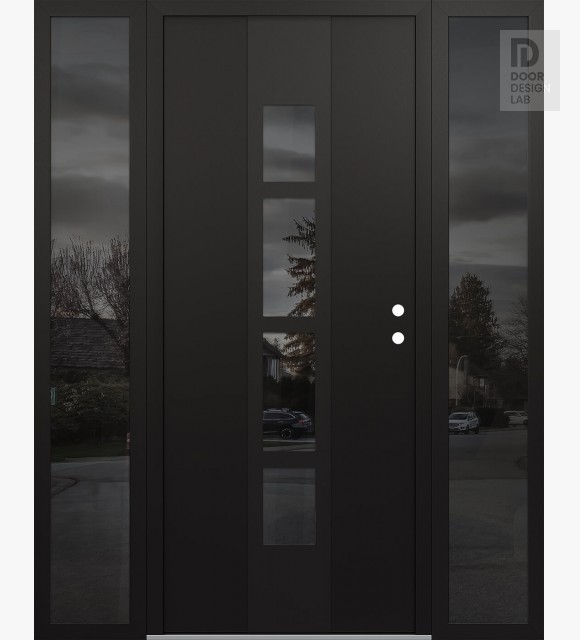 Modern Steel Front Door DIAMOND A10 68" X 80" BLACK/BLACK MIRRORED GLASS PANEL BLACK LHI WITH 2 SIDELITES MIRRORED GLASS
