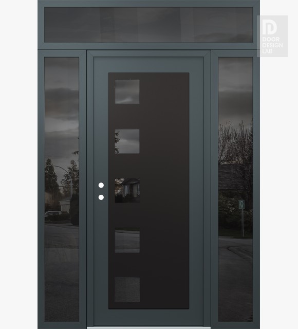 Modern Steel Front Door Diamond C5 68" x 96" anthracite/anthracite mirrored Glass Panel black RHI with 2 Sidelites and Transom mirrored Glass