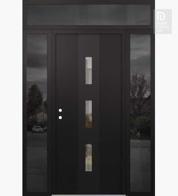 Modern Steel Front Door DIAMOND A7 68" X 96" BLACK/BLACK CLEAR GLASS PANEL BLACK RHI WITH 2 SIDELITES AND TRANSOM MIRRORED GLASS