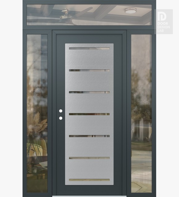 Modern Steel Front Door Diamond C11 68" x 96" anthracite/anthracite clear Glass Panel stainless steel RHI with 2 Sidelites and Transom clear Glass