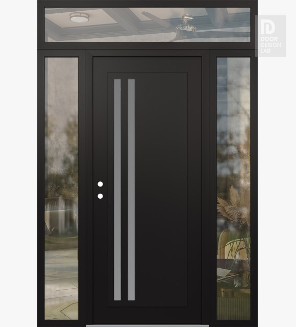 Modern Steel Front Door Diamond C6 68" x 96" black/white frosted Glass Panel black RHI with 2 Sidelites and Transom clear Glass
