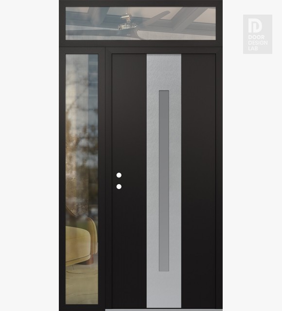 Modern Steel Front Door DIAMOND A2 50" X 96" BLACK/WHITE FROSTED GLASS PANEL STAINLESS STEEL RHI WITH SIDELITE AND TRANSOM CLEAR GLASS