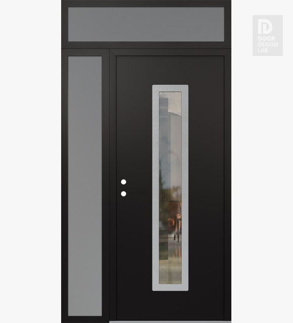 Modern Steel Front Door DIAMOND A11 52" X 96" BLACK/BLACK CLEAR GLASS PANEL STAINLESS STEEL RHI WITH SIDELITE AND TRANSOM FROSTED GLASS