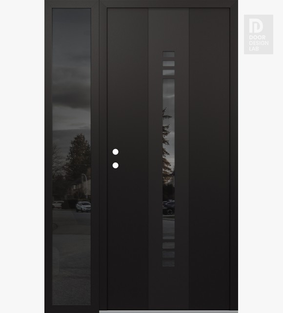 Modern Steel Front Door DIAMOND A5 50" X 80" BLACK/BLACK MIRRORED GLASS PANEL BLACK RHI WITH SIDELITE MIRRORED GLASS