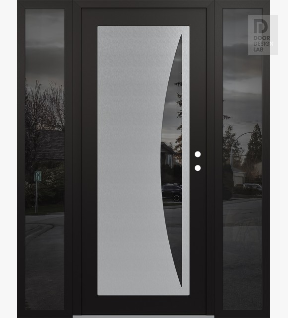 Modern Steel Front Door Diamond C13 68" x 80" black/black mirrored Glass Panel stainless steel LHI with 2 Sidelites mirrored Glass