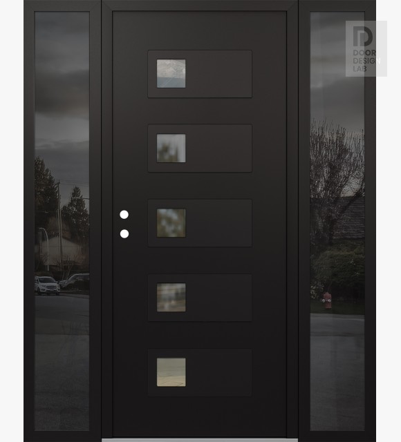 Modern Steel Front Door Diamond D2 64" x 80" black/black clear Glass Panel black RHI with 2 Sidelites mirrored Glass