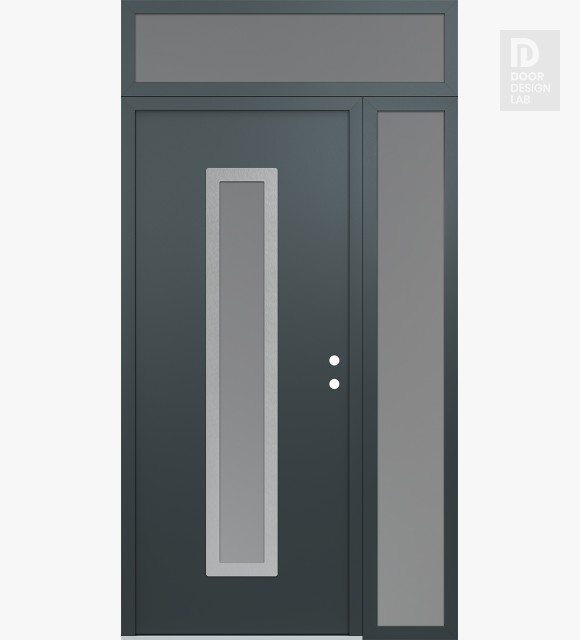 Modern Steel Front Door DIAMOND A11 48" X 96" ANTHRACITE/ANTHRACITE FROSTED GLASS PANEL STAINLESS STEEL LHI WITH SIDELITE AND TRANSOM FROSTED GLASS