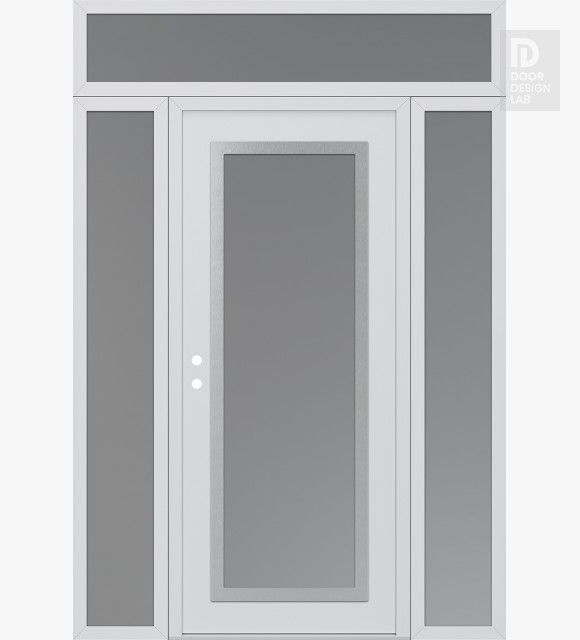 Modern Steel Front Door Diamond C1 64" x 96" white/white frosted Glass Panel stainless steel RHI with 2 Sidelites and Transom frosted Glass