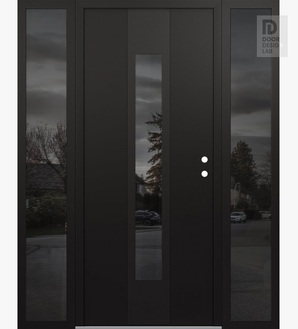 Modern Steel Front Door DIAMOND A1 60" X 80" BLACK/BLACK MIRRORED GLASS PANEL BLACK LHI WITH 2 SIDELITES MIRRORED GLASS
